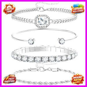 14K Plated Cubic Zirconia Adjustable Layering Bracelet Set 4 Pcs